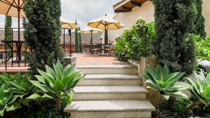 Eine Terrassenfläche mit Sitzgelegenheiten, Stufen zum Eingang und verschiedenen Pflanzen.