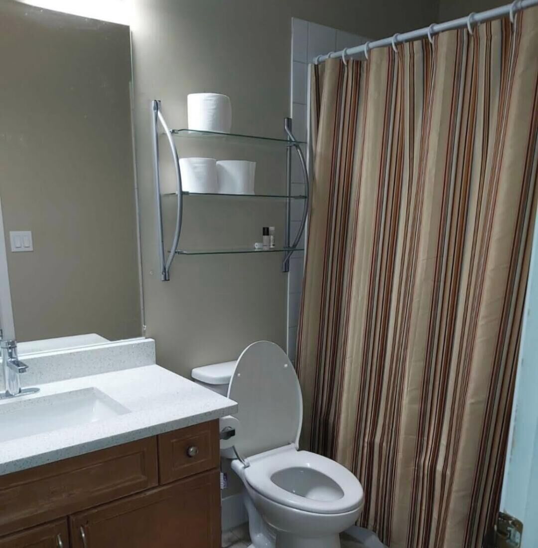 A standard bathroom with a toilet, sink, and shower curtain.