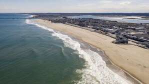 Vista aérea de una zona costera con playa, edificios y un puerto deportivo.