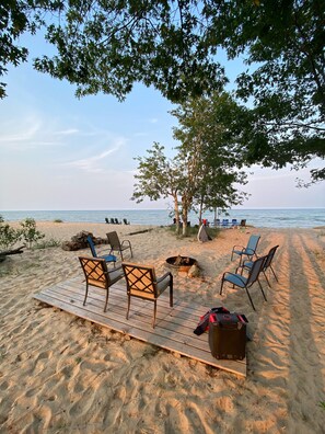On the beach, sun-loungers, beach towels