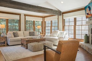 Flachbildfernseher, Kamin, Stereoanlage