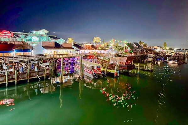A waterfront area with a pier, buildings, and a Ferris wheel.