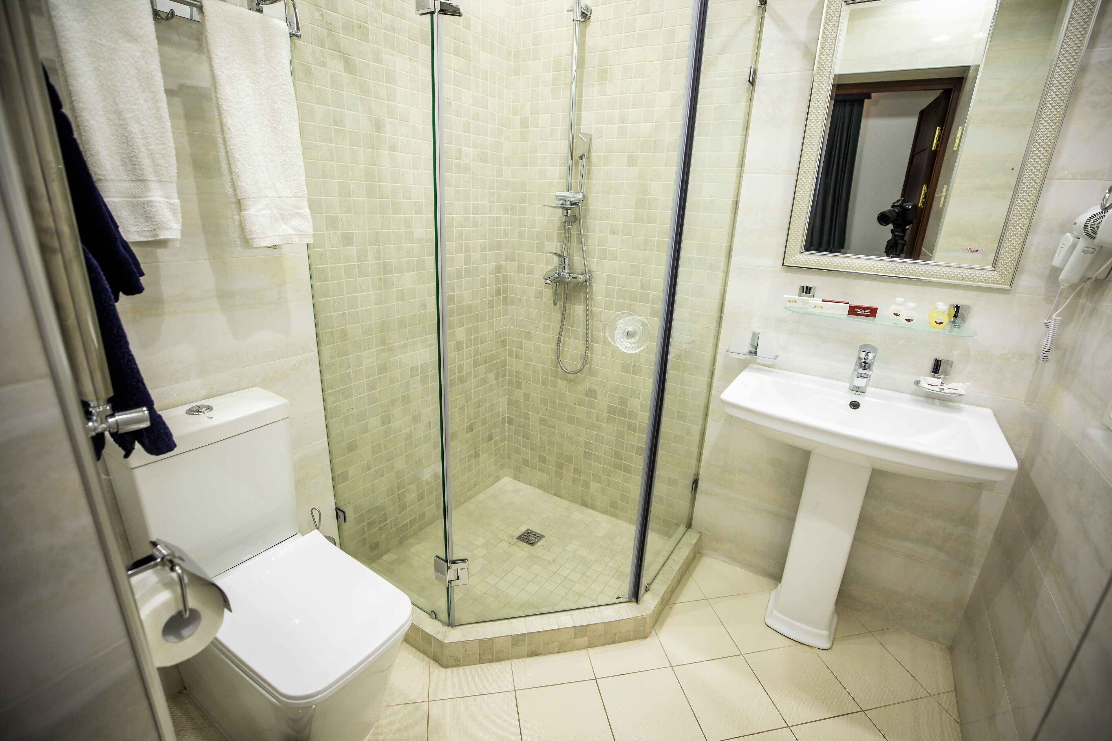 A modern bathroom with a glass-enclosed shower, a white sink, and a toilet.