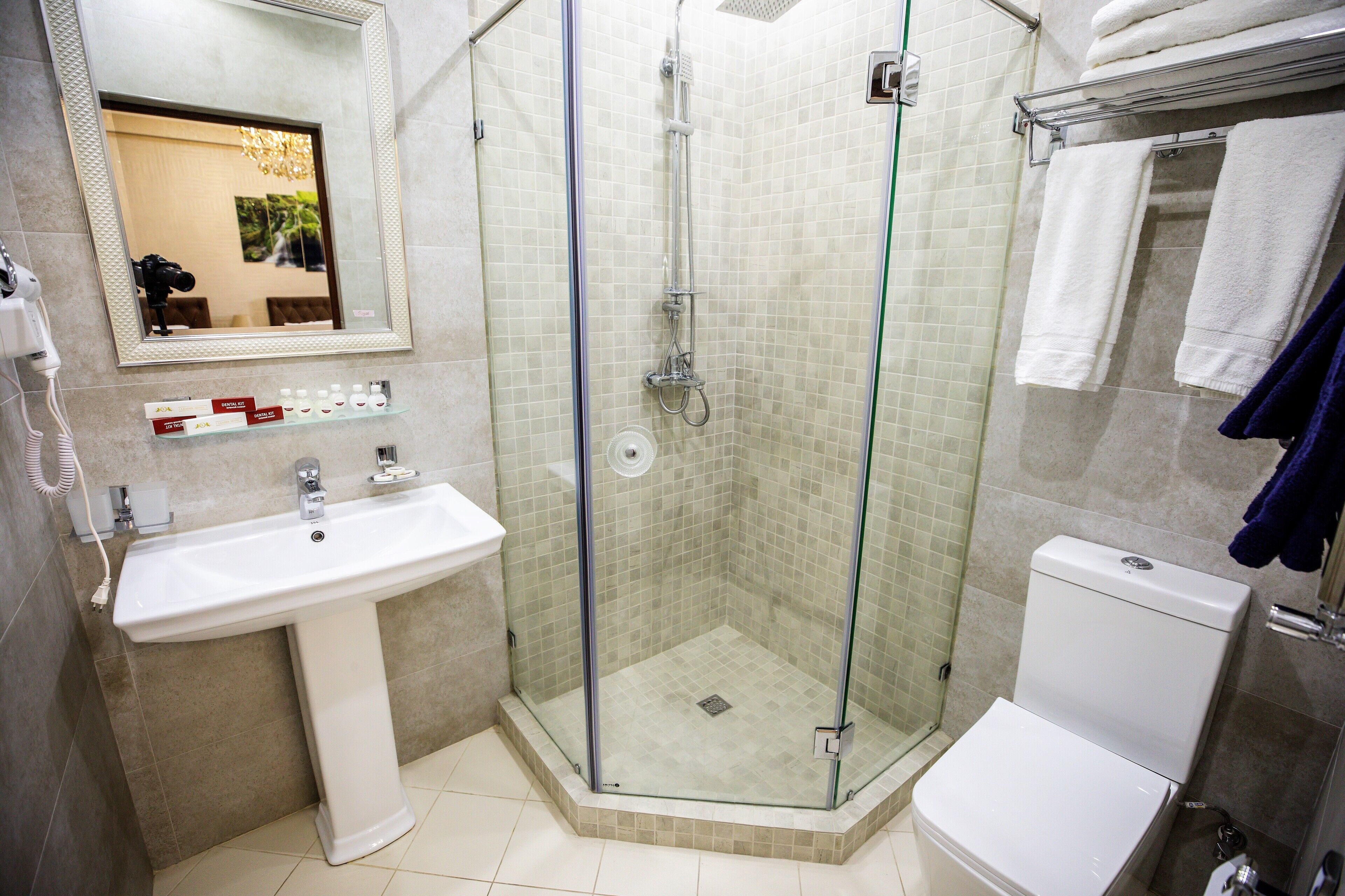 A bathroom with a glass-enclosed shower, a pedestal sink, and a toilet.