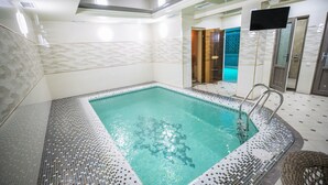 En swimmingpool med mosaikfliser, et fjernsyn monteret på væggen og en dør, der fører til et andet rum.