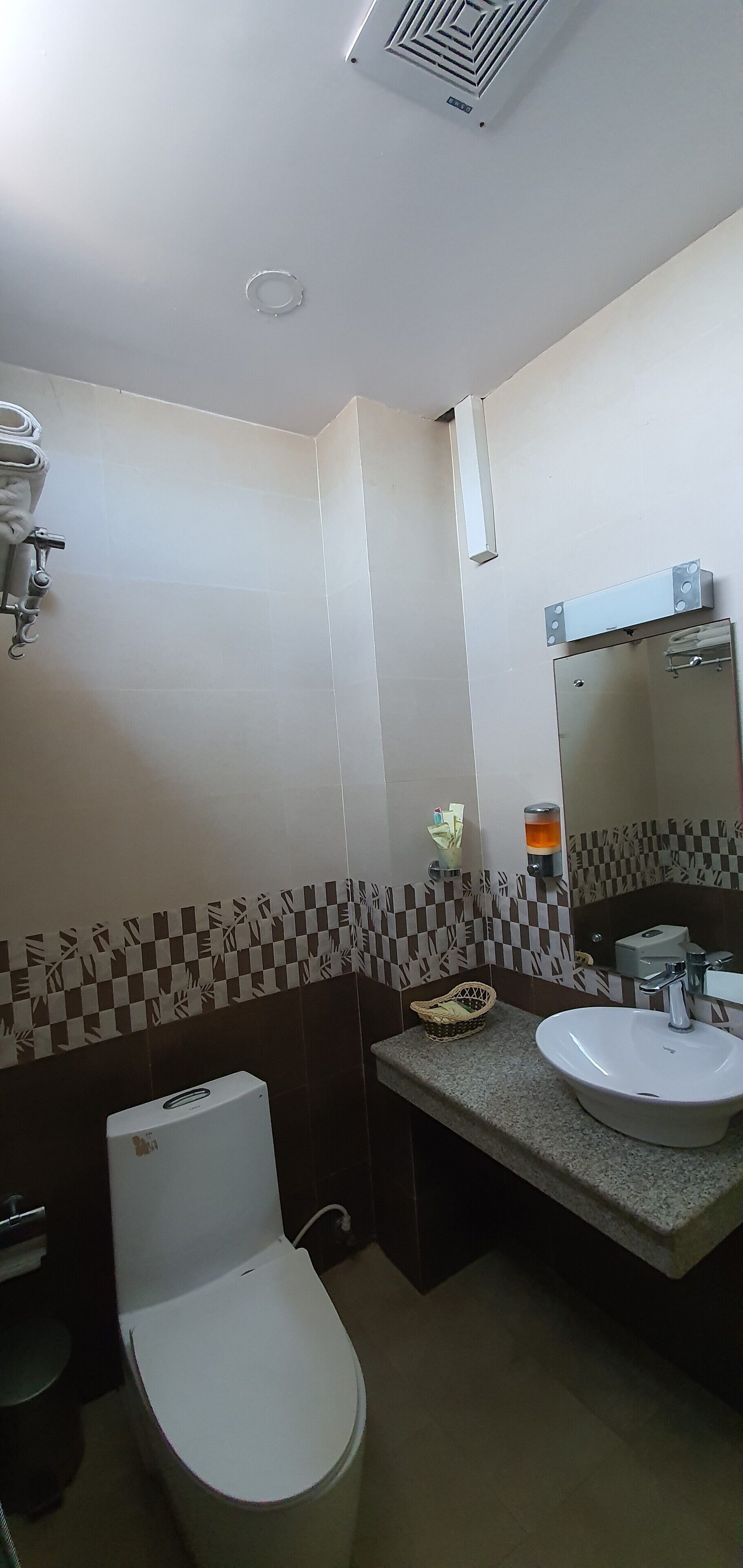 A bathroom with a toilet, sink, and mirror.