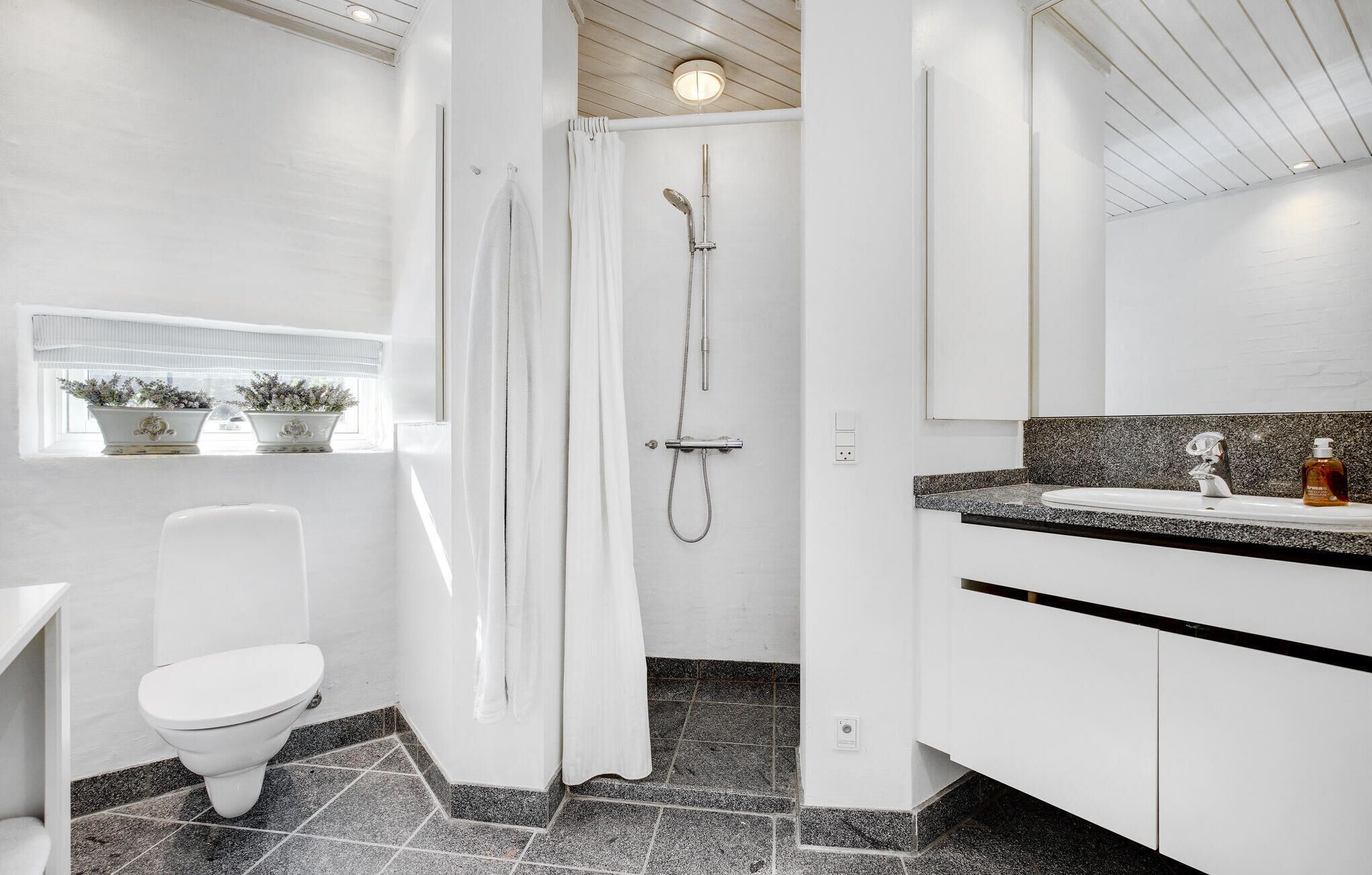Une salle de bain moderne équipée d’une douche, de toilettes et d’un meuble-lavabo.