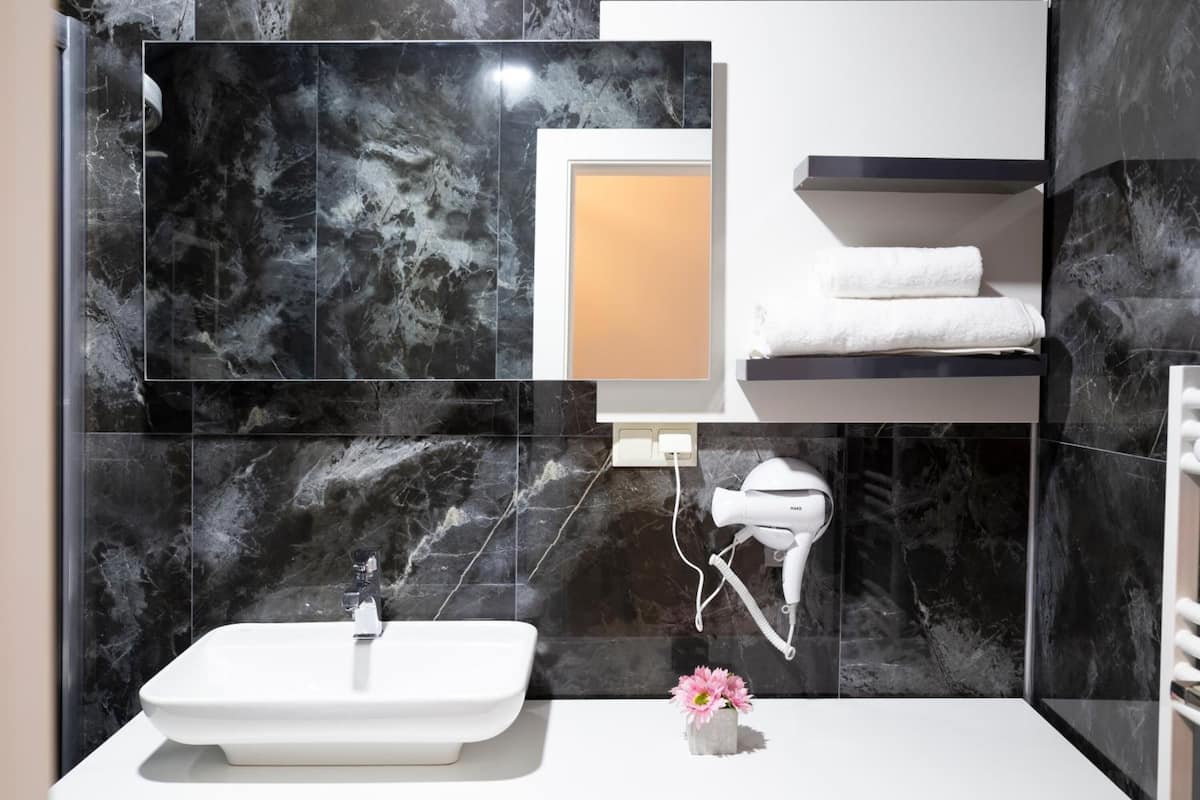 shower, rainfall showerhead, free toiletries, hair dryer