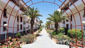 Un sentiero circondato da palme e vegetazione, che conduce a un edificio con balconi.