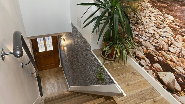 Un escalier moderne avec des éléments en bois, un petit jardin intérieur et un luminaire fixé au mur.