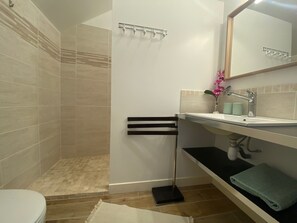 Regadera, toallas, papel de baño 