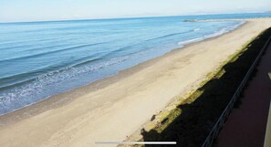 On the beach, sun-loungers