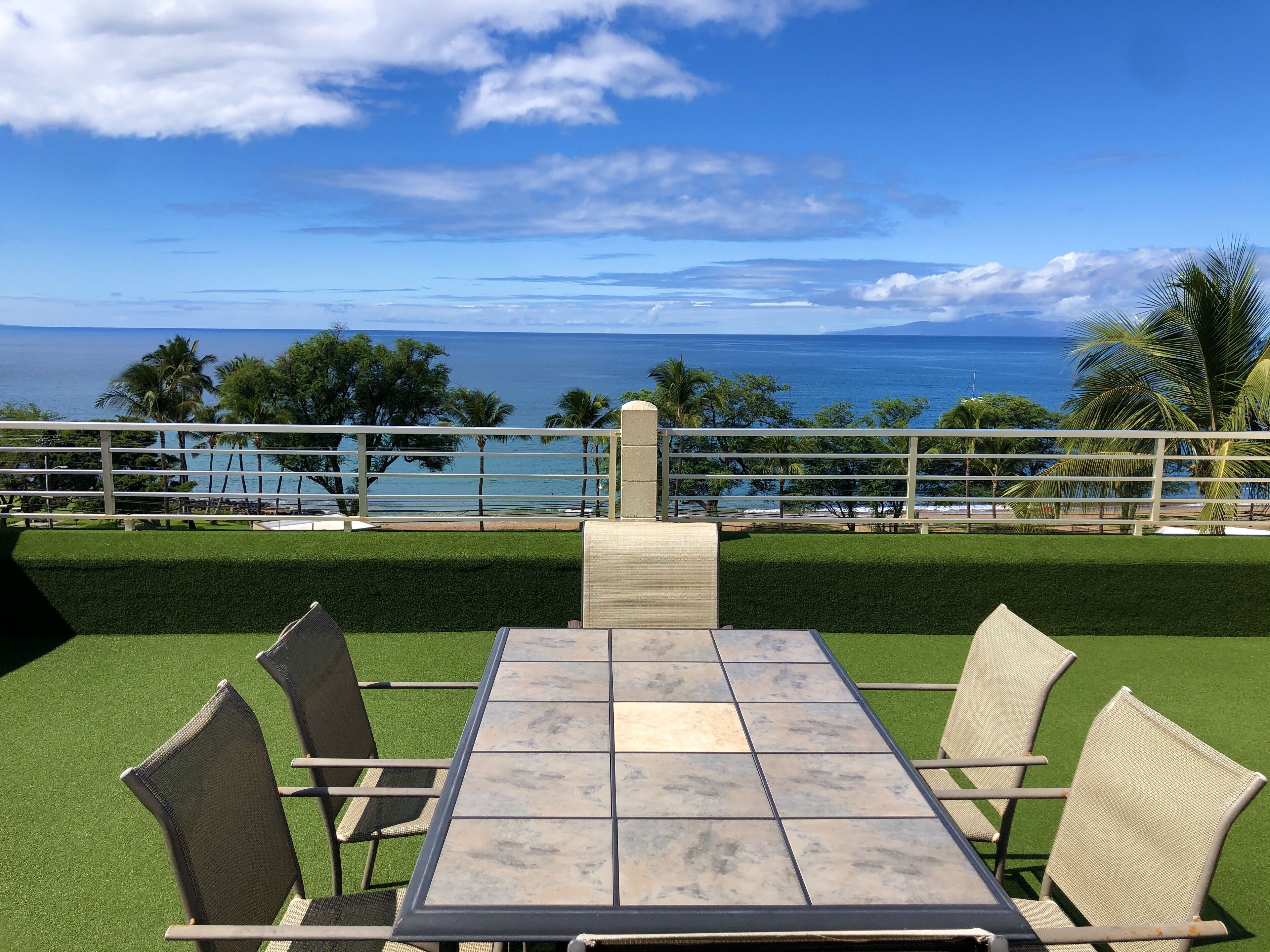 Ein Essbereich mit Tisch und Stühlen, der einen schönen Blick auf das Meer und Palmen bietet.