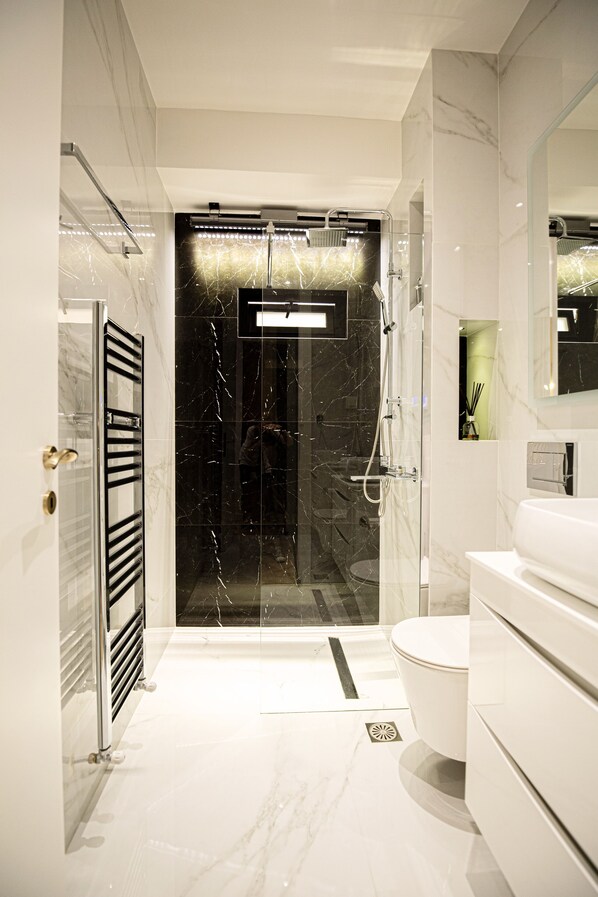 Shower, hair dryer, towels, soap