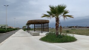 Een overdekte pergola met een palmboom in de buurt, een betonnen pad en een weg met lantaarns.