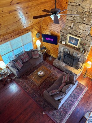 Smart TV, fireplace, DVD player, books