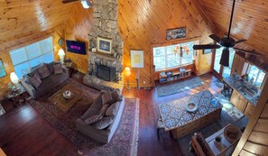 Smart TV, fireplace, DVD player, books