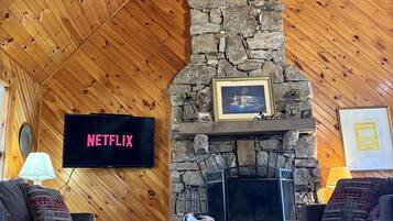 Smart TV, fireplace, DVD player, books