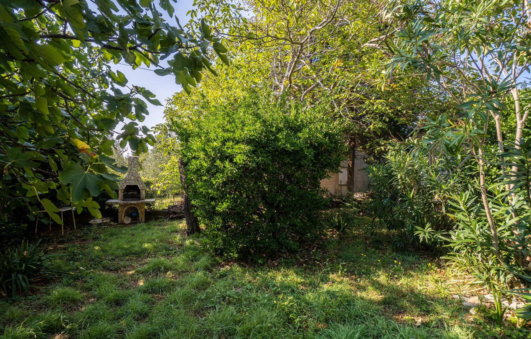 A garden with a stone-built outdoor oven, surrounded by lush greenery and trees.