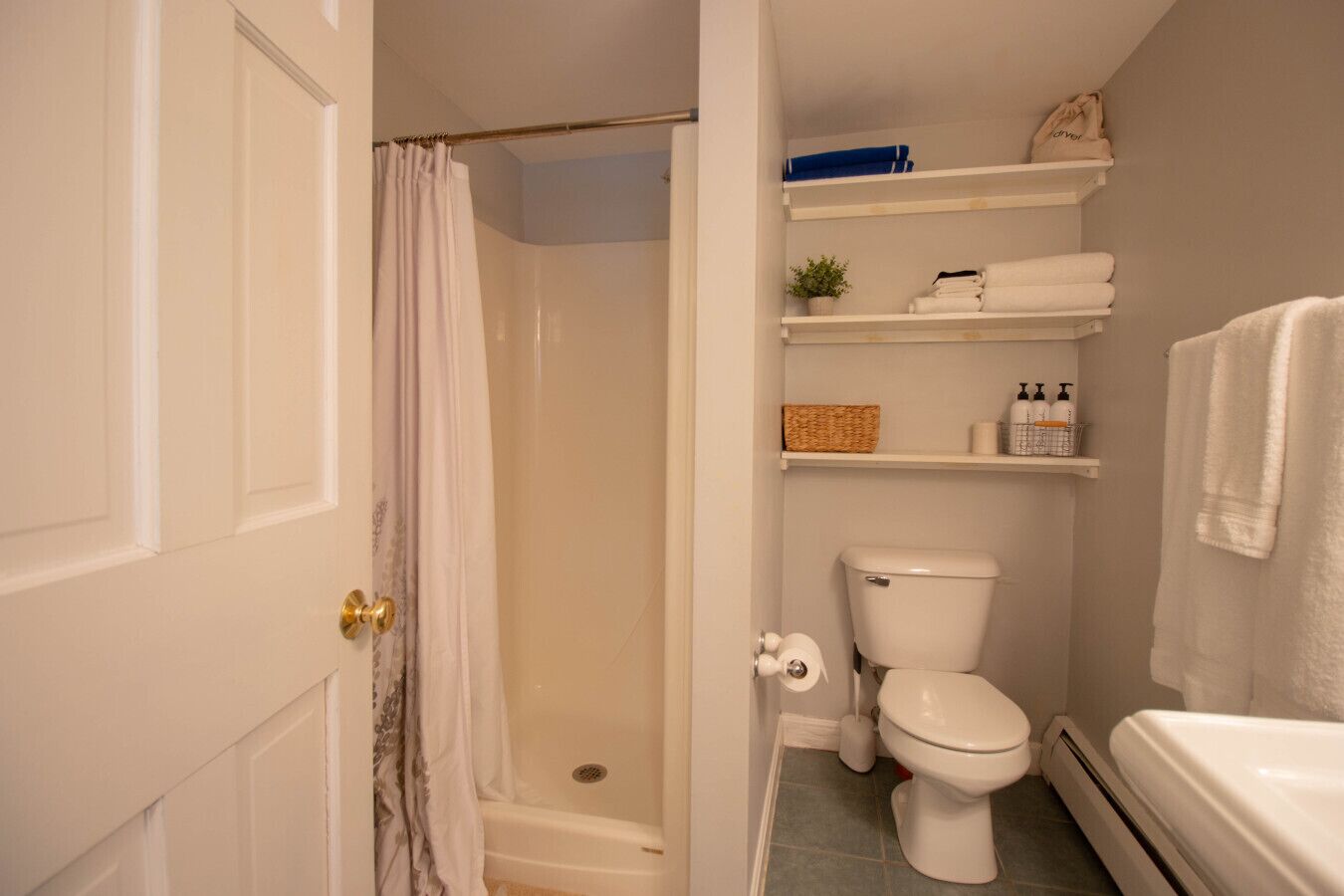 A bathroom with a shower, toilet, and shelves with toiletries.