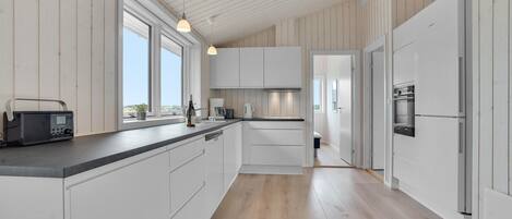 Fridge, stovetop, dishwasher, coffee/tea maker