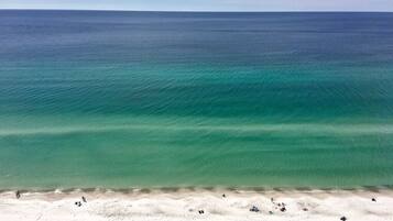 On the beach, sun loungers
