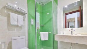 Ein Badezimmer mit einer Duschkabine, einer weißen Toilette und einem Waschbecken mit Spiegel darüber.