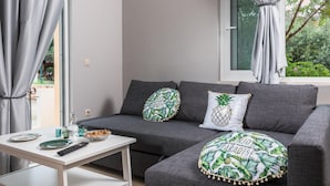 A modern living room with a grey sofa, two decorative pillows, a small table with a remote control, and a window with curtains. - Thea Artemis (Chania)