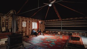 Una habitación con paredes decoradas, un tapete grande, un sofá y una estufa tradicional.