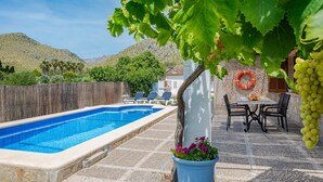 En swimmingpool med en stenkant, et bord med stole og en potteplante med blomster.