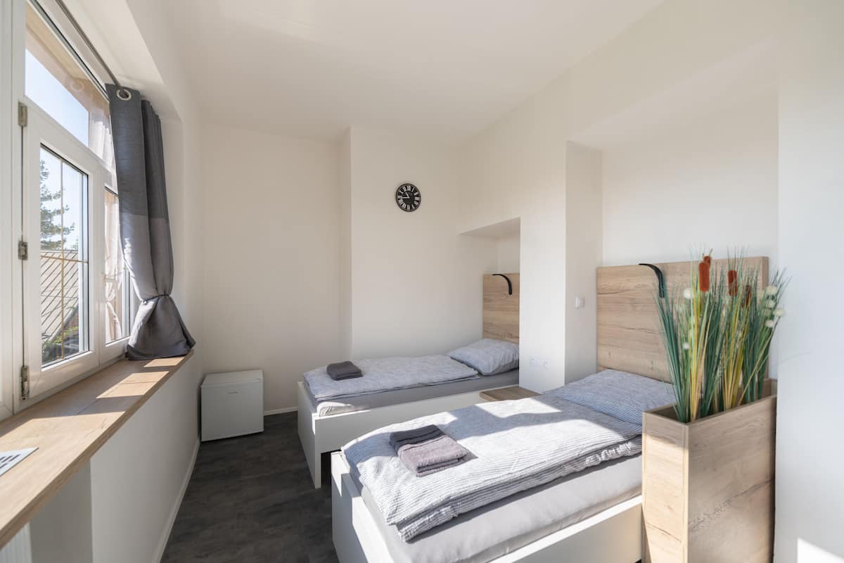 A bedroom with two beds, a window with curtains, a wall clock, and a wooden headboard with plants.