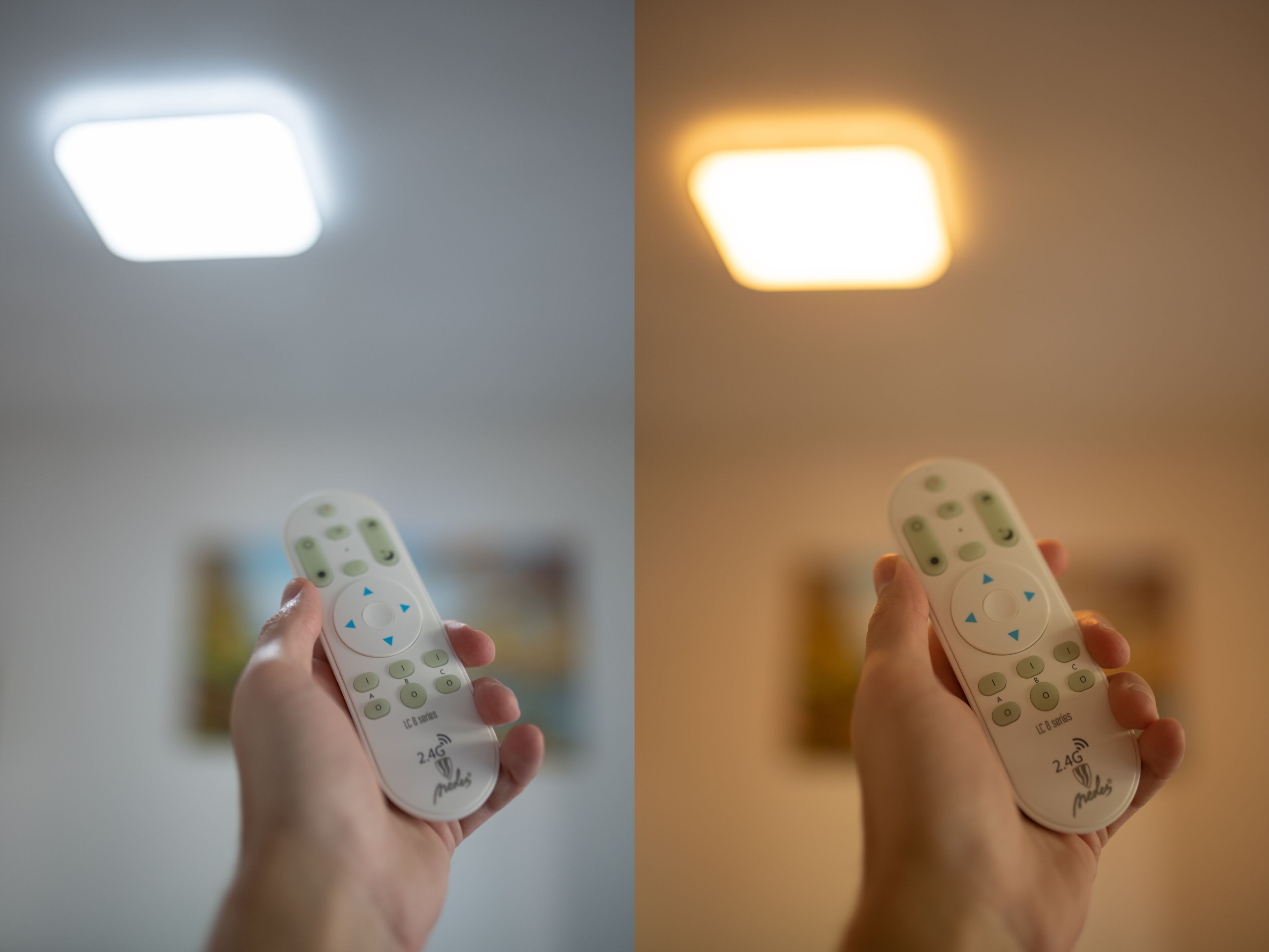 A hand holding a remote control with a 2.4G wireless symbol and the text "LC 0 series" visible.