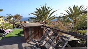 Une terrasse en bois avec des chaises longues, une petite construction en bois et des palmiers.