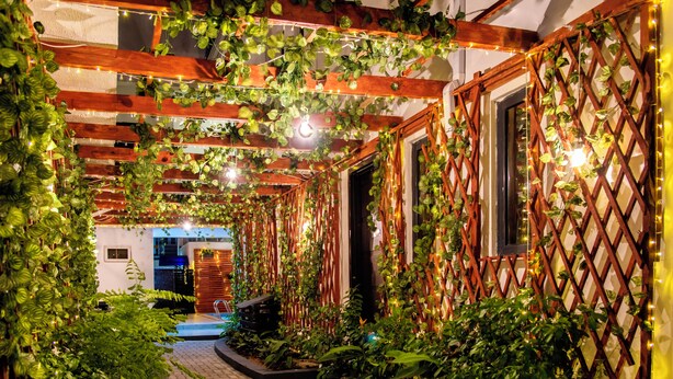 A narrow pathway flanked by lush greenery and wooden lattice structures, leading to a building entrance. - George Residence (Lekki)