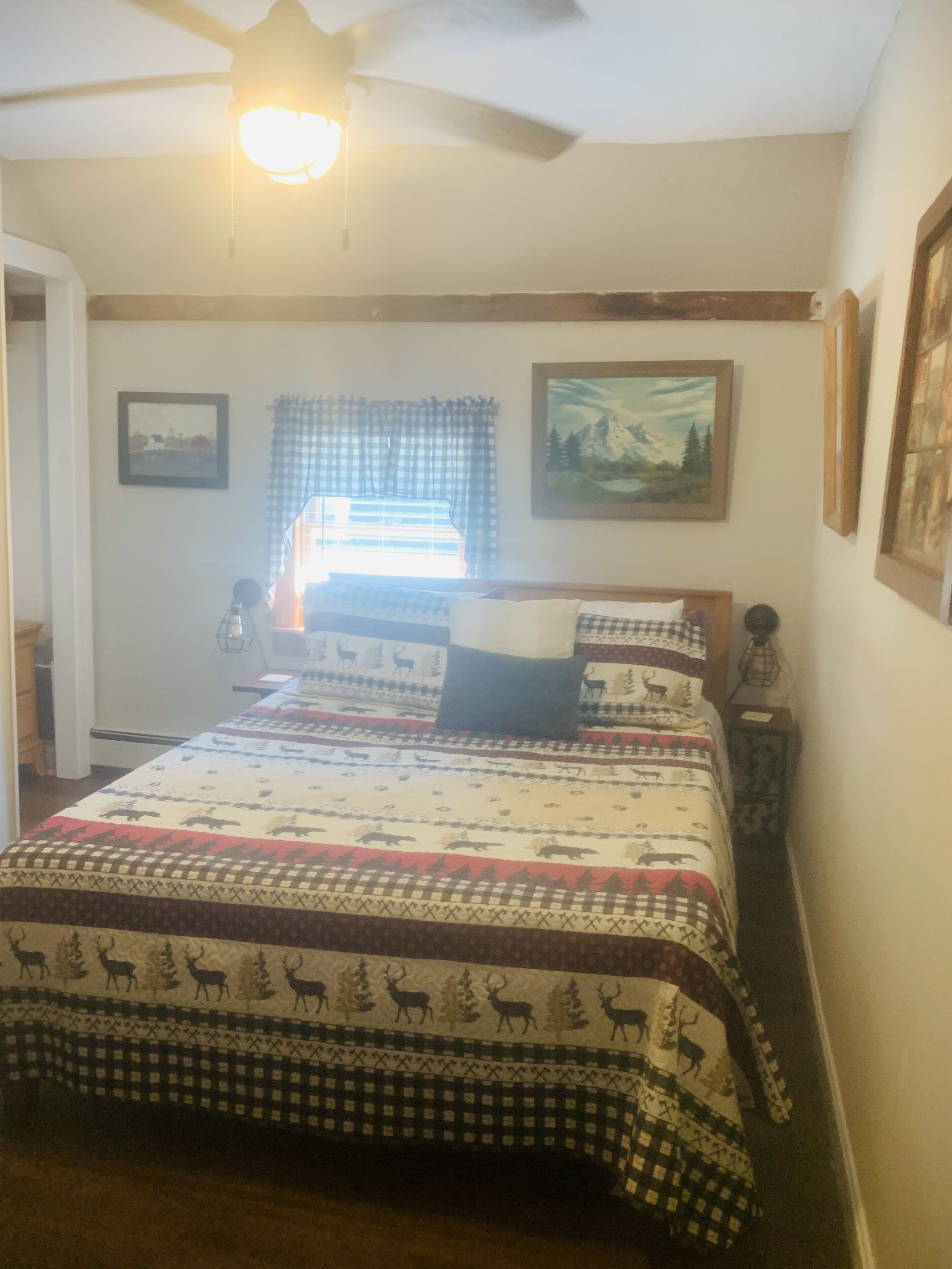 Een slaapkamer met een bed, een plafondventilator, een raam met gordijnen en een schilderij aan de muur.