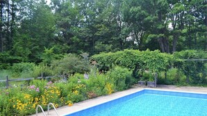 Una piscina rettangolare con rivestimento blu, circondata da vegetazione rigogliosa e piante fiorite.