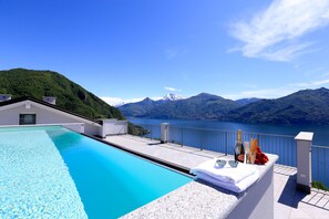 Outdoor pool, pool umbrellas, pool loungers