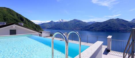 Seasonal outdoor pool, sun loungers