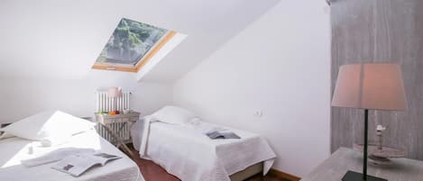A bedroom with two beds, a skylight, a bedside table with a lamp, and a wardrobe.