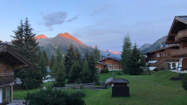 A mountain lodge with a wooden exterior, surrounded by lush greenery and a view of a mountain range.