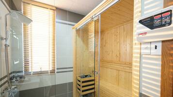 Penthouse | Bathroom | Shower, hydromassage showerhead, designer toiletries, hair dryer