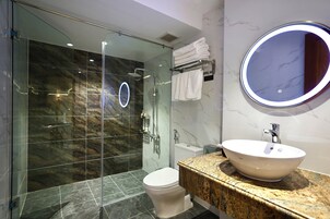 Shower, hydromassage showerhead, designer toiletries, hair dryer