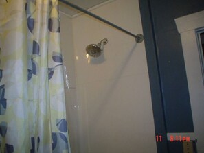 Combined shower/bathtub, towels, soap, shampoo