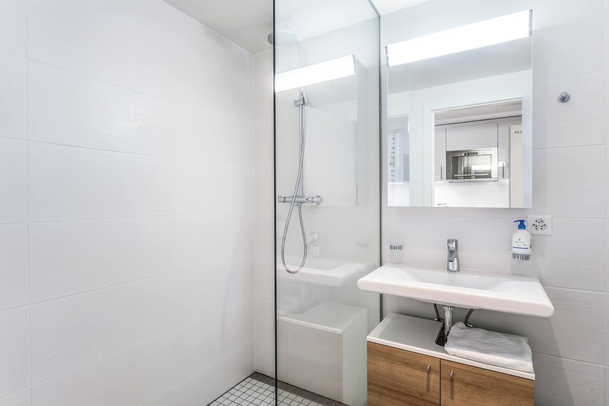 A modern bathroom with a glass-enclosed shower, a white sink, and a mirror above it.