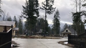 A residential area with houses, a gated driveway, and tall trees.