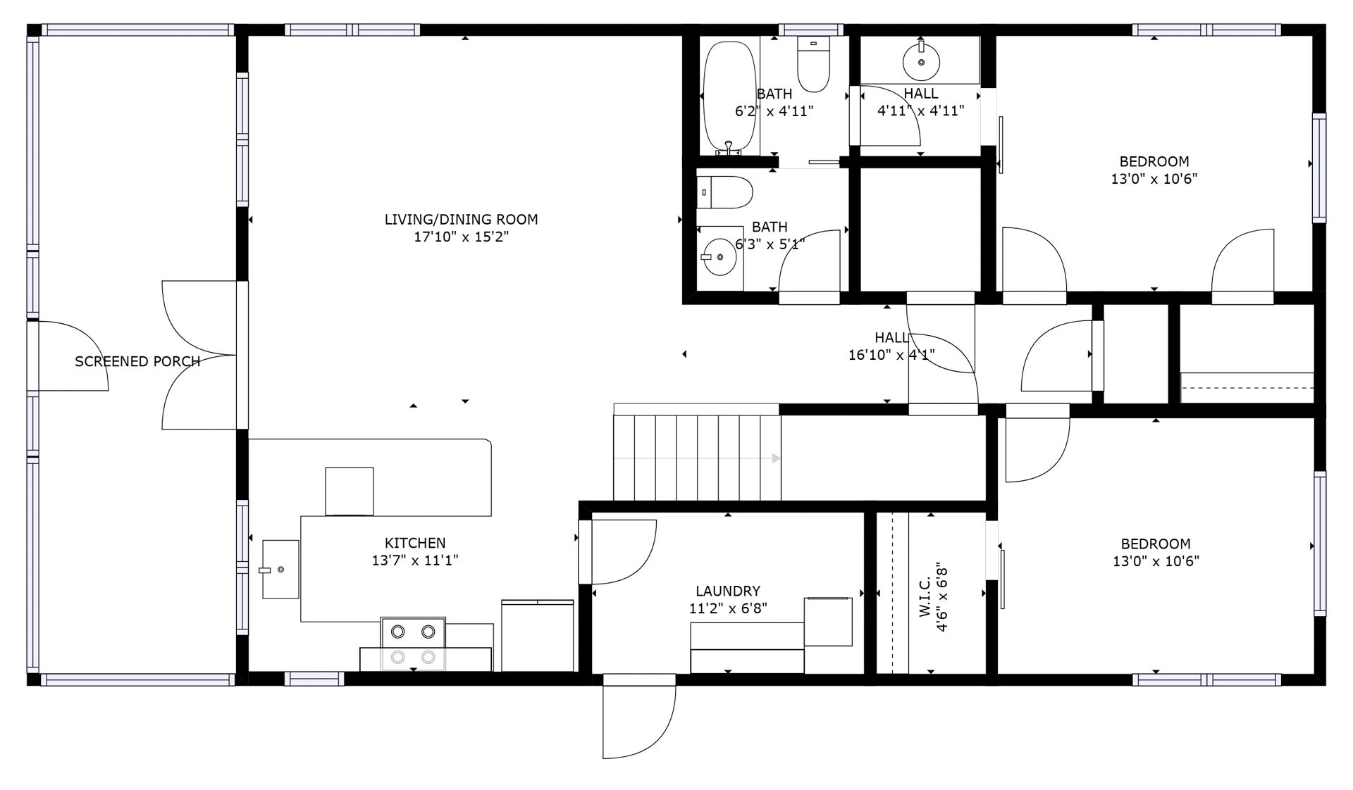 A floor plan with a living/dining room, two bedrooms, a kitchen, a screened porch, two bathrooms, and a laundry room.