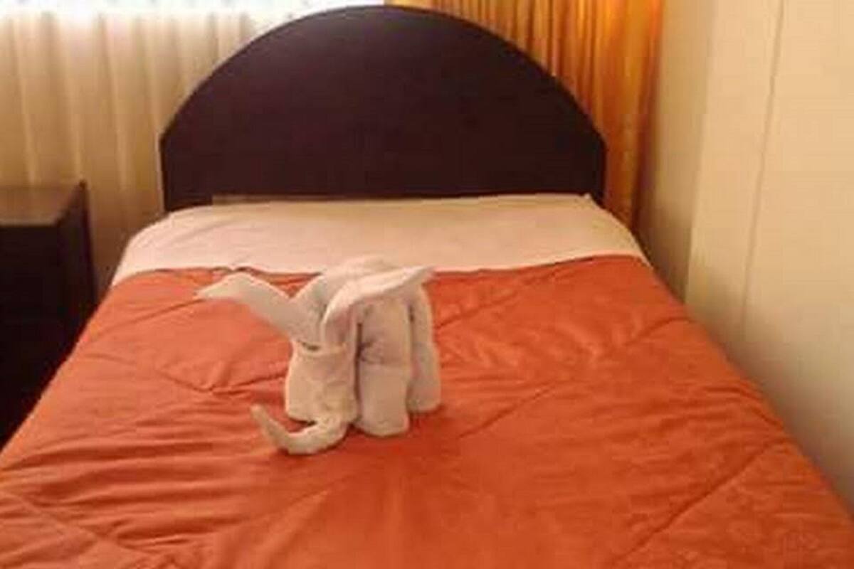 A hotel room with a bed covered in an orange bedspread and a white towel shaped like an elephant.