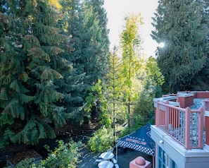 A patio area with a checkered tent, outdoor seating, and a view of dense trees.