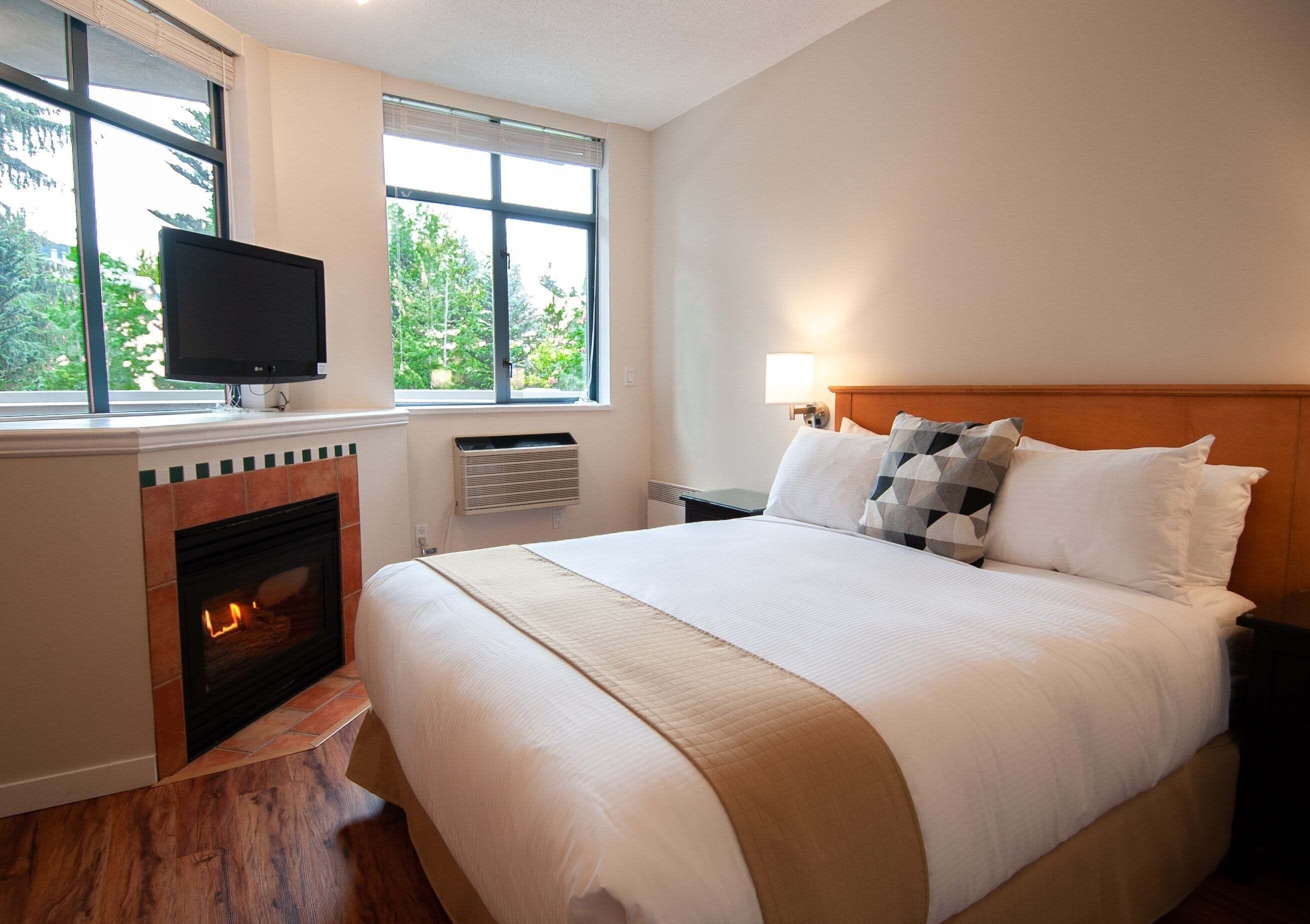 Habitación de hotel con cama, televisión, chimenea y ventana con vista a árboles.