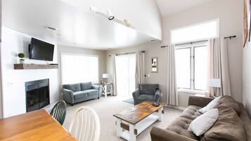 Smart TV, fireplace, DVD player, books